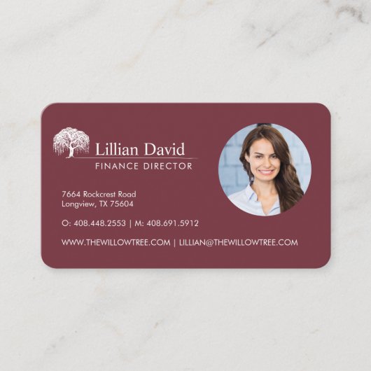 Rustic Burgundy & White Willow Tree Logo Foto Visitekaartje (Voorkant)