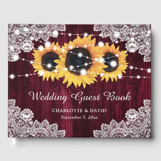 Rustic Burgundy Wood Lace Sunflower Wedding Gastenboek (Voorkant)