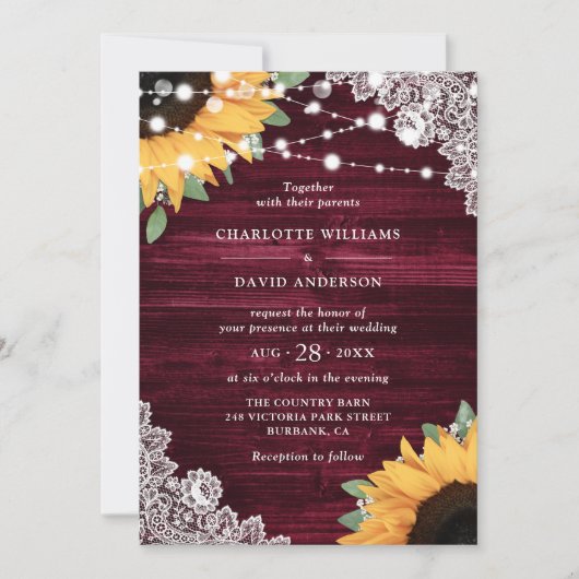 Rustic Burgundy Wood Lace Sunflower Wedding Kaart (Voorkant)
