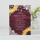 Rustic Burgundy Wood Lace Sunflower Wedding Kaart (Staand voorkant)