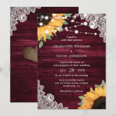 Rustic Burgundy Wood Lace Sunflower Wedding Kaart (Voorkant / Achterkant)
