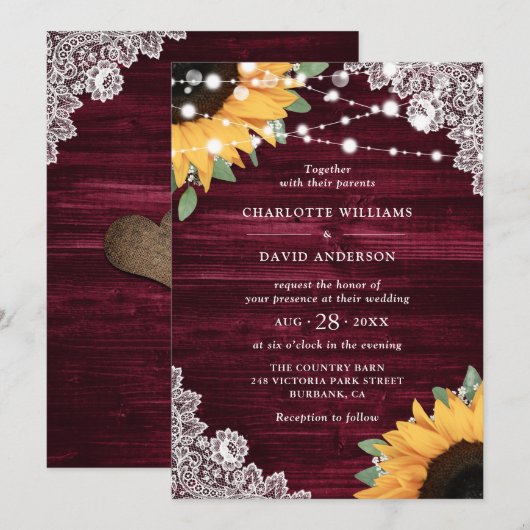 Rustic Burgundy Wood Lace Sunflower Wedding Kaart (Voorkant / Achterkant)