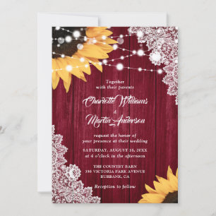 Rustic Burgundy Wood Lace Sunflower Wedding Kaart