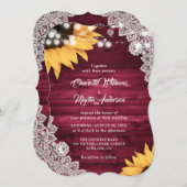 Rustic Burgundy Wood Lace Sunflower Wedding Kaart (Voorkant / Achterkant)