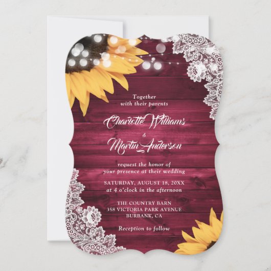Rustic Burgundy Wood Lace Sunflower Wedding Kaart (Voorkant)