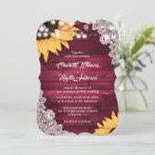 Rustic Burgundy Wood Lace Sunflower Wedding Kaart (Staand voorkant)