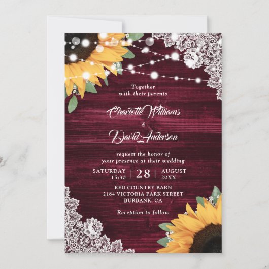 Rustic Burgundy Wood Lace Sunflower Wedding Kaart (Voorkant)