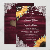 Rustic Burgundy Wood Lace Sunflower Wedding Kaart (Voorkant / Achterkant)