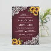 Rustic Burgundy Wood Lace Sunflower Weduwschap Kaart (Staand voorkant)