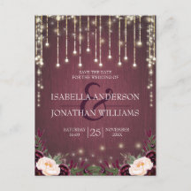 Rustic Burgundy Wood String Lights Save the Date