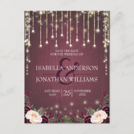 Rustic Burgundy Wood String Lights Save the Date Aankondigingskaart