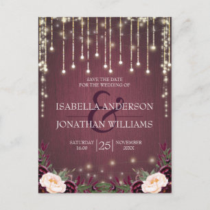 Rustic Burgundy Wood String Lights Save the Date Aankondigingskaart