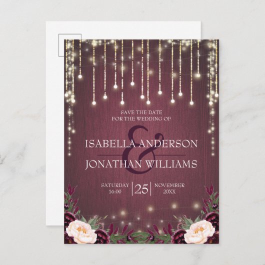Rustic Burgundy Wood String Lights Save the Date Aankondigingskaart (Voorkant / Achterkant)