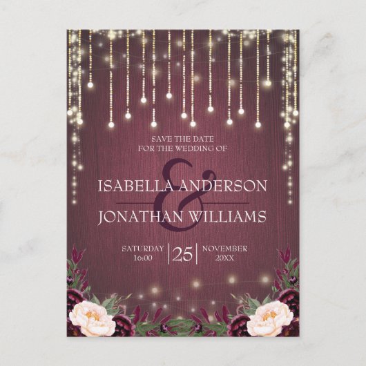Rustic Burgundy Wood String Lights Save the Date Aankondigingskaart (Voorkant)