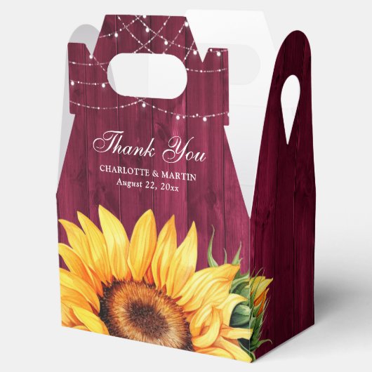 Rustic Burgundy Wood Sunflower Monogram Bedankdoosjes (Geopend)