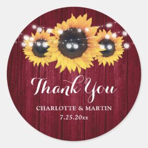 Rustic Burgundy Wood Sunflower Wedding Favor Ronde Sticker