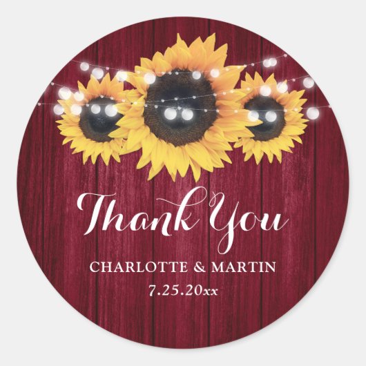 Rustic Burgundy Wood Sunflower Wedding Favor Ronde Sticker (Voorkant)