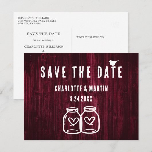 Rustic Burgundy Wood Wedding Save the Date Aankondigingskaart (Voorkant / Achterkant)