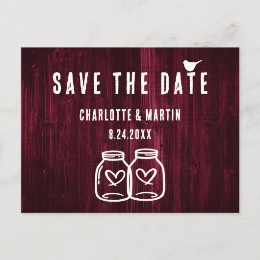 Rustic Burgundy Wood Wedding Save the Date Aankondigingskaart (Voorkant)