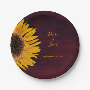 Rustic Burgundy Wood Yellow Sunflower Weddenschap Papieren Bordje