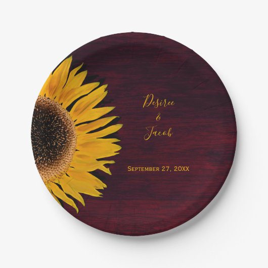 Rustic Burgundy Wood Yellow Sunflower Weddenschap Papieren Bordje (Voorkant)