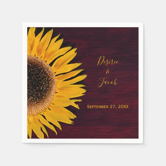 Rustic Burgundy Wood Yellow Sunflower Weddenschap Servet (Voorkant)