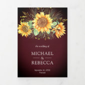 Rustic Burgundy Wood - zonnebloemen Foto bruiloft Drieluik Uitnodiging (Cover)