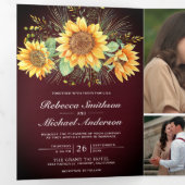 Rustic Burgundy Wood - zonnebloemen Foto bruiloft Drieluik Uitnodiging (Binnenzijde eerst)
