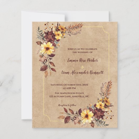 Rustic Burgundy Yellow Floral Fall Wedding Invite (Voorkant)
