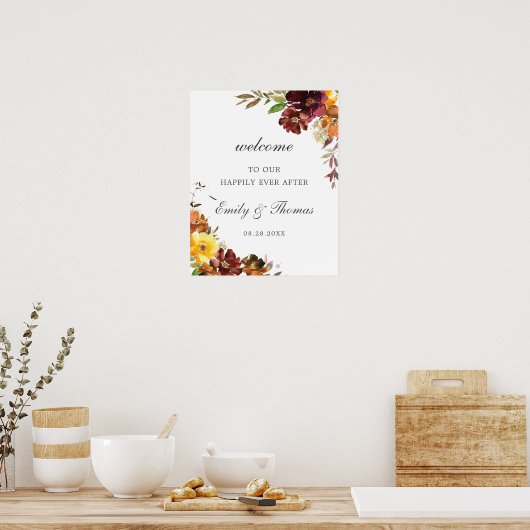 Rustic Burgundy Yellow Floral Wedding Welcome Poster (Keuken)