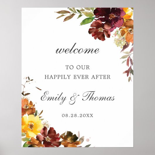 Rustic Burgundy Yellow Floral Wedding Welcome Poster (Voorkant)