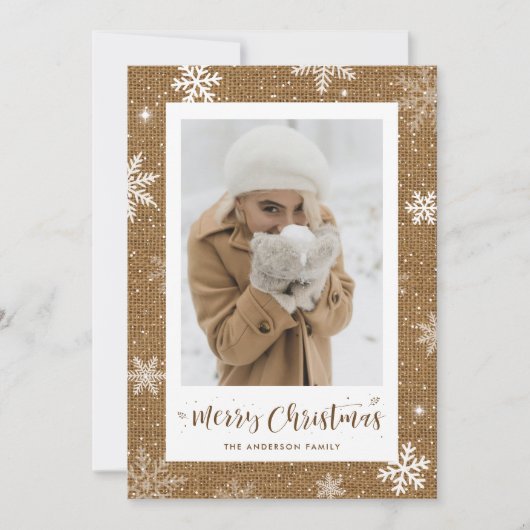 Rustic Burlap 1-fotokerstkaarten Feestdagenkaart (Voorkant)