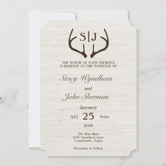 Rustic Burlap and Antler Wedding Invitation Card Kaart (Voorkant)