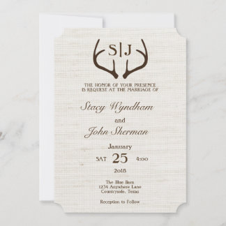 Rustic Burlap and Antler Wedding Invitation Card Kaart