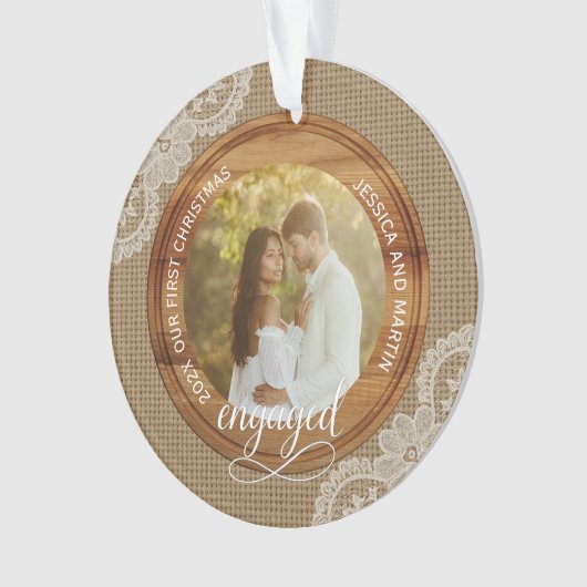 Rustic Burlap and Lace First Christmas engaged Ornament (voorkant)