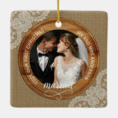 Rustic Burlap and Lace First Christmas married Keramisch Ornament (Achterkant)