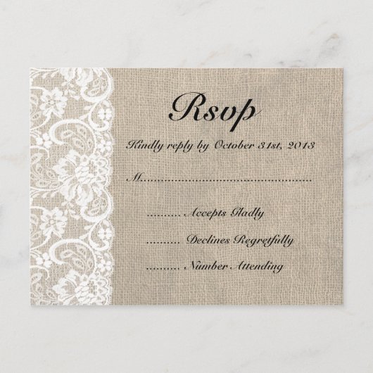 Rustic Burlap and Lace RSVP-Briefkaart Uitnodiging Briefkaart (Voorkant)