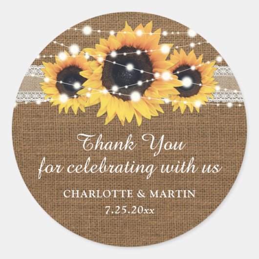 Rustic Burlap and Lace Sunflower Wedding Bedankt Ronde Sticker (Voorkant)