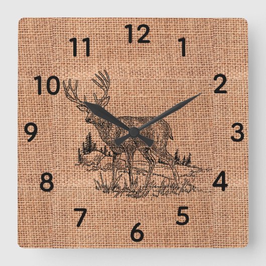 Rustic Burlap and Pencil Sketch Buck Vierkante Klok (Voorkant)