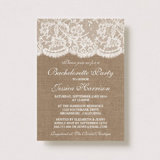 Rustic Burlap and White Lace Bachelorette Party Kaart
