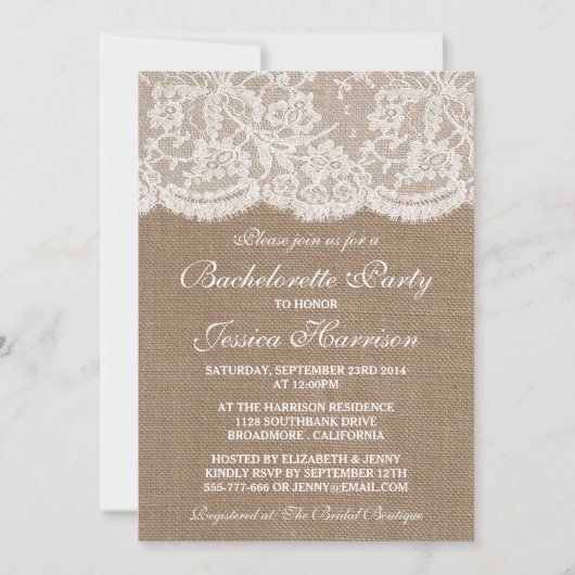 Rustic Burlap and White Lace Bachelorette Party Kaart (Voorkant)