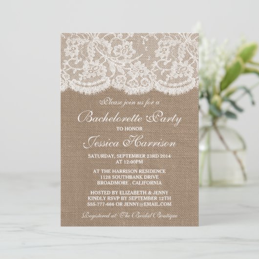 Rustic Burlap and White Lace Bachelorette Party Kaart (Staand voorkant)