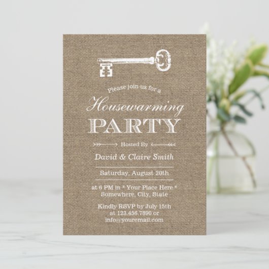 Rustic Burlap Antiek Key Housewarming Party Kaart (Staand voorkant)