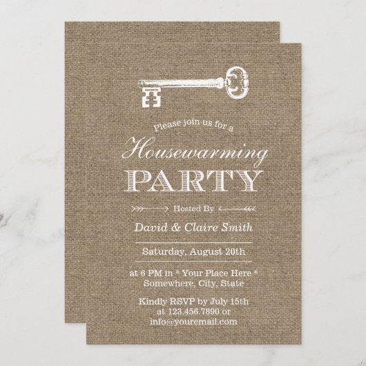 Rustic Burlap Antiek Key Housewarming Party Kaart (Voorkant / Achterkant)