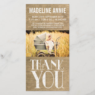 Rustic Burlap Baby Birth Dankuwel foto Bedankkaart
