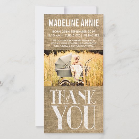 Rustic Burlap Baby Birth Dankuwel foto Bedankkaart (Voorkant)