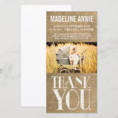 Rustic Burlap Baby Birth Dankuwel foto Bedankkaart (Voorkant / Achterkant)