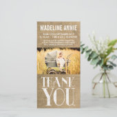 Rustic Burlap Baby Birth Dankuwel foto Bedankkaart (Staand voorkant)
