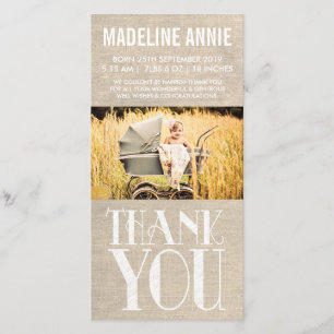 Rustic Burlap Baby Birth Dankuwel foto Bedankkaart