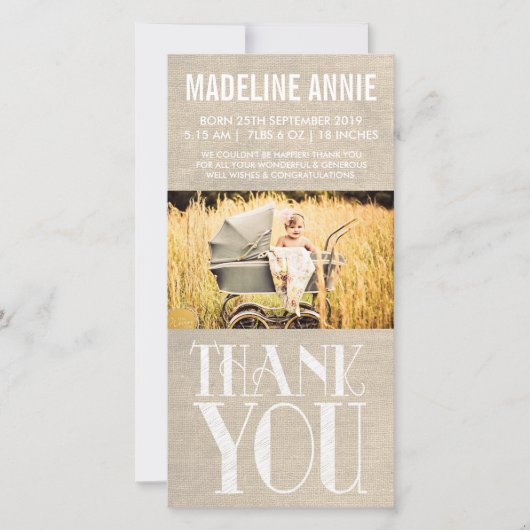 Rustic Burlap Baby Birth Dankuwel foto Bedankkaart (Voorkant)